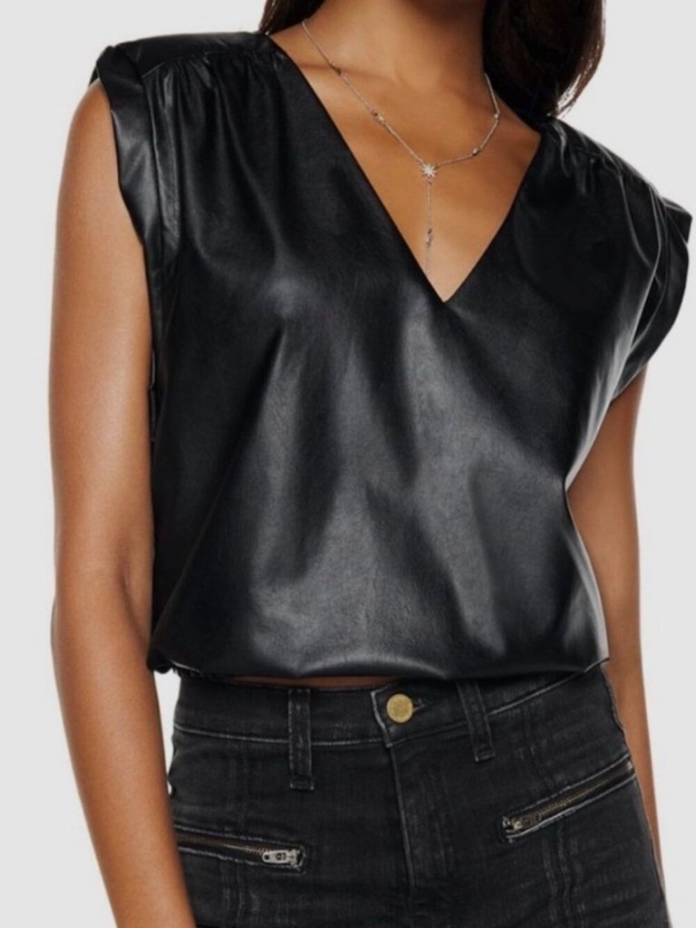 NWOT RAMY BROOK NEW YORK BLACK FAUX LEATHER CROP SLEEVELESS TOP SIZE: XS